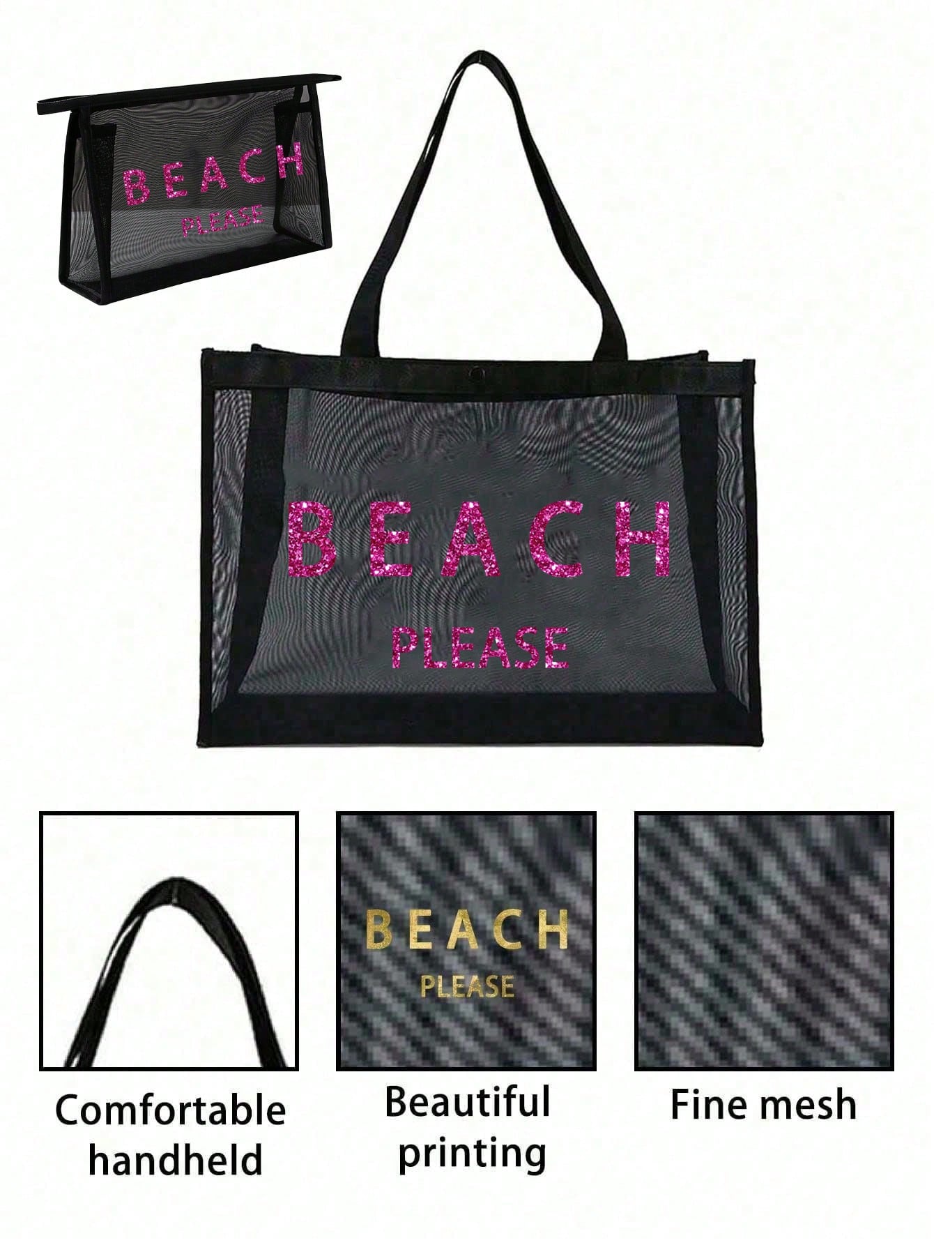 Large Capacity Mesh Beach Bag Set, "BEACH PLESE" Pattern Mesh Bag, Gold Sequin Letter, Cosmetic Bag, Hollow Mesh Beach Tote Bag, Mesh Cosmetic Storage Bag, Foldable Large Capacity Swimming Bag, Letter