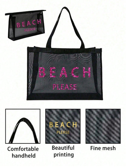Large Capacity Mesh Beach Bag Set, "BEACH PLESE" Pattern Mesh Bag, Gold Sequin Letter, Cosmetic Bag, Hollow Mesh Beach Tote Bag, Mesh Cosmetic Storage Bag, Foldable Large Capacity Swimming Bag, Letter