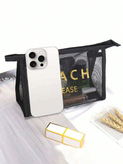 Large Capacity Mesh Beach Bag Set, "BEACH PLESE" Pattern Mesh Bag, Gold Sequin Letter, Cosmetic Bag, Hollow Mesh Beach Tote Bag, Mesh Cosmetic Storage Bag, Foldable Large Capacity Swimming Bag, Letter