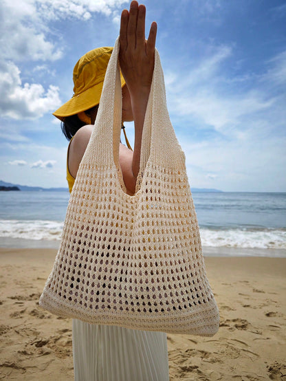 Large Capacity Student Summer Tote Bag, Women's Sand-Resistant Knitted Shoulder Bag, Vintage Hollow Floral Decor Supermarket Shopping Handbag, Back To School Crochet Woven Bag, Large Women's Handbag