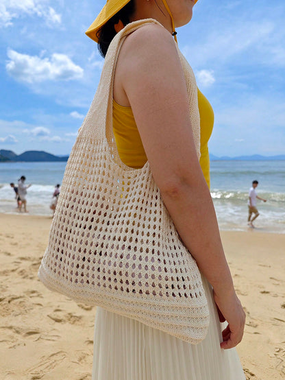 Large Capacity Student Summer Tote Bag, Women's Sand-Resistant Knitted Shoulder Bag, Vintage Hollow Floral Decor Supermarket Shopping Handbag, Back To School Crochet Woven Bag, Large Women's Handbag