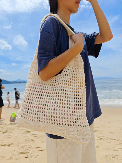 Large Capacity Student Summer Tote Bag, Women's Sand-Resistant Knitted Shoulder Bag, Vintage Hollow Floral Decor Supermarket Shopping Handbag, Back To School Crochet Woven Bag, Large Women's Handbag