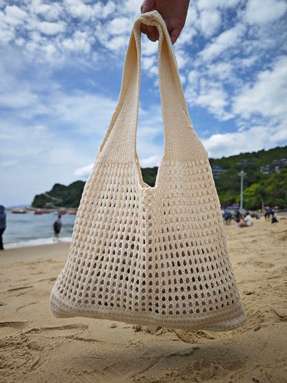 Large Capacity Student Summer Tote Bag, Women's Sand-Resistant Knitted Shoulder Bag, Vintage Hollow Floral Decor Supermarket Shopping Handbag, Back To School Crochet Woven Bag, Large Women's Handbag