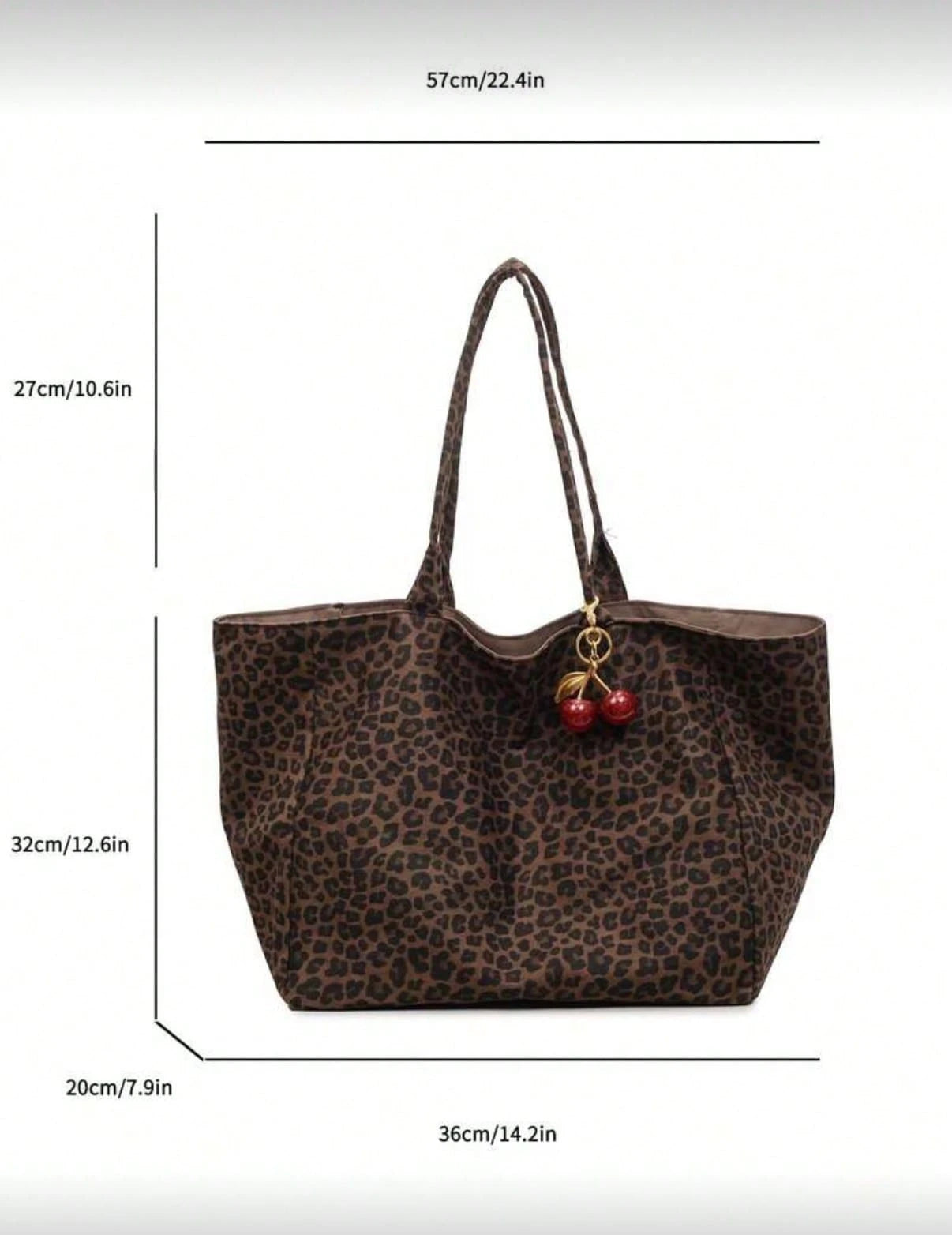 Large Capacity Women's Brown Tote Bag With Red Cherry Pendant. Featuring Leopard Print Design And Sturdy Dual Top Handles For Shoulder Or Hand Carry. Suitable For Storing Daily Essentials Such As Lips