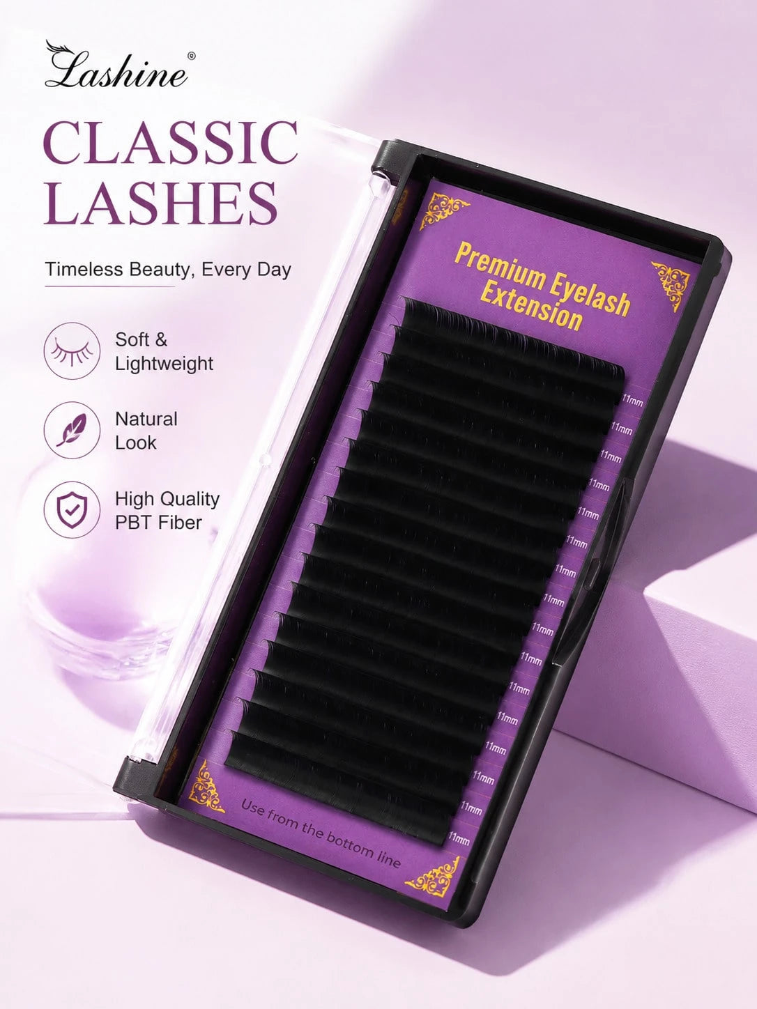 Lashine Classic Single Lash Extensions 0.05mm 0.07mm D Curl Single Lash Dense Row Mixed Length Soft & Lightweight Lash Tray