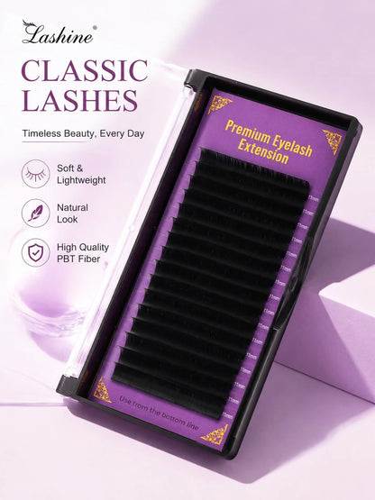 Lashine Classic Single Lash Extensions 0.05mm 0.07mm D Curl Single Lash Dense Row Mixed Length Soft & Lightweight Lash Tray