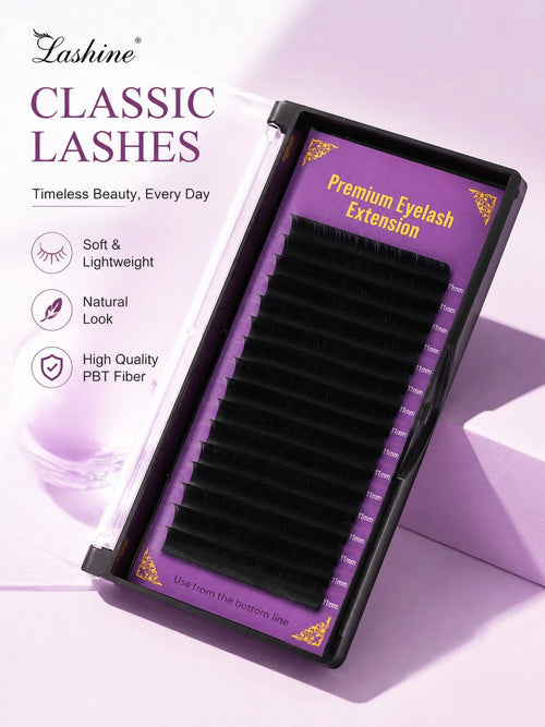 Lashine Classic Single Lash Extensions 0.05mm 0.07mm D Curl Single Lash Dense Row Mixed Length Soft & Lightweight Lash Tray