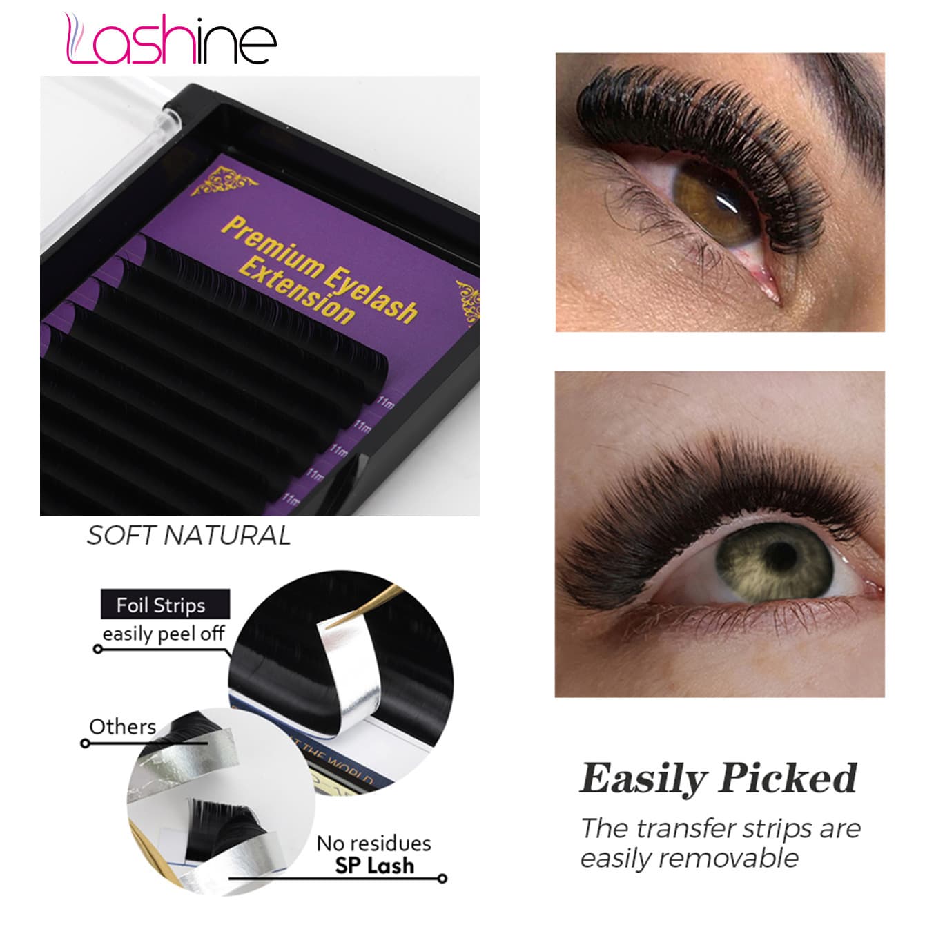 Lashine Classic Single Lash Extensions 0.05mm 0.07mm D Curl Single Lash Dense Row Mixed Length Soft & Lightweight Lash Tray