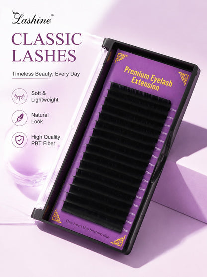 Lashine Classic Single Lash Extensions 0.05mm 0.07mm D Curl Single Lash Dense Row Mixed Length Soft & Lightweight Lash Tray