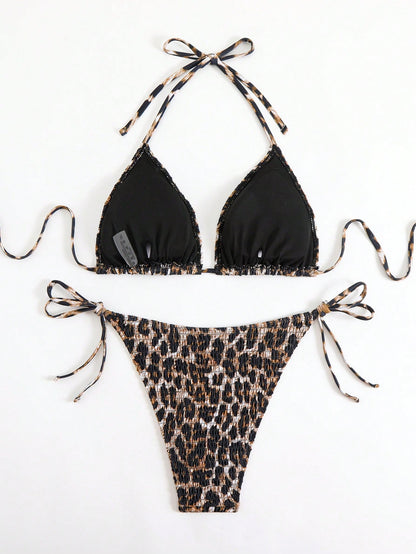 Latest Plus Size Backless Leopard Print Casual Sexy Ruched Bikini Top, Side Tie Thong Swimwear Set, Medium Stretch Vacation Beach Summer