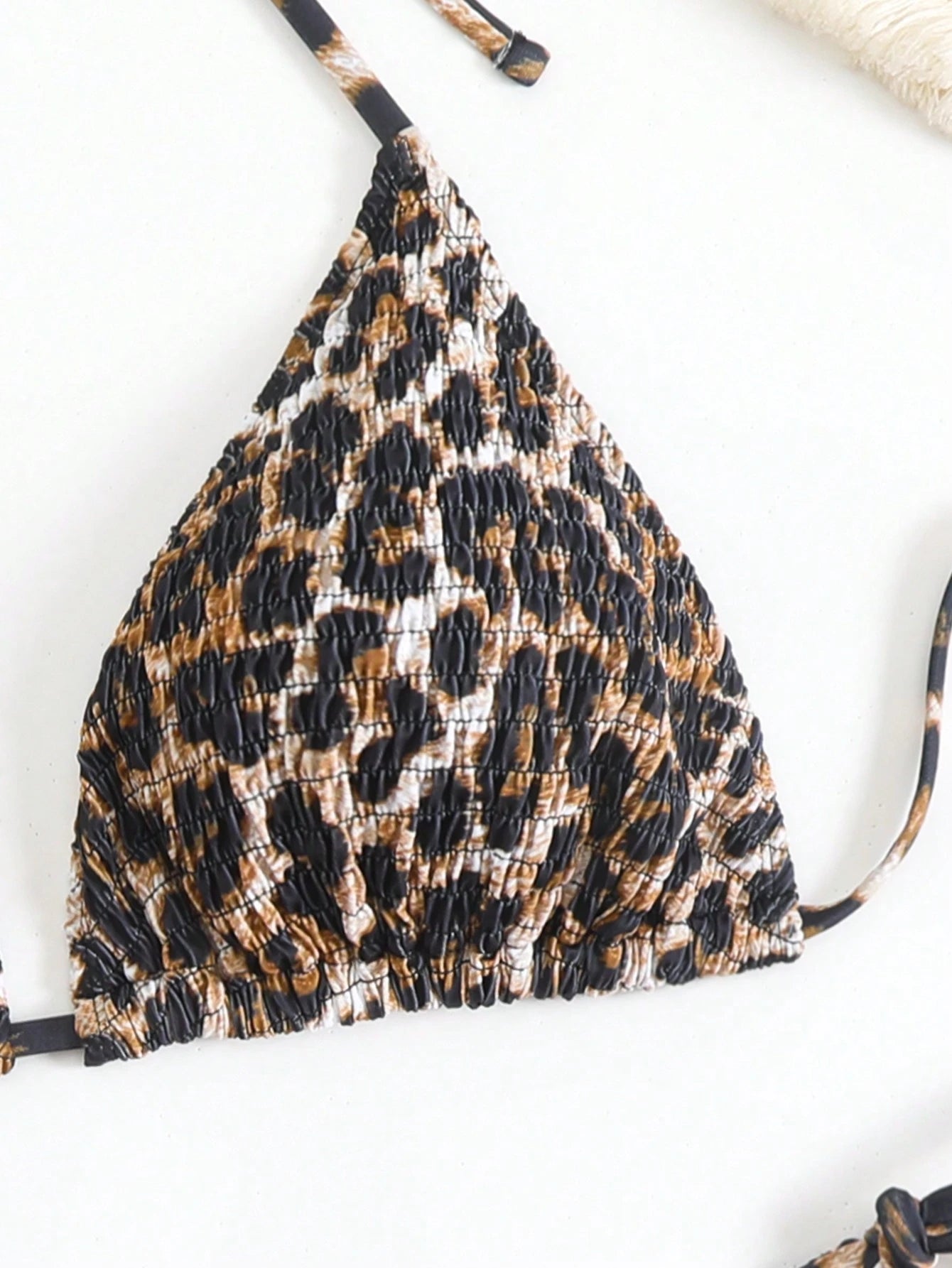 Latest Plus Size Backless Leopard Print Casual Sexy Ruched Bikini Top, Side Tie Thong Swimwear Set, Medium Stretch Vacation Beach Summer