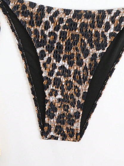 Latest Plus Size Backless Leopard Print Casual Sexy Ruched Bikini Top, Side Tie Thong Swimwear Set, Medium Stretch Vacation Beach Summer