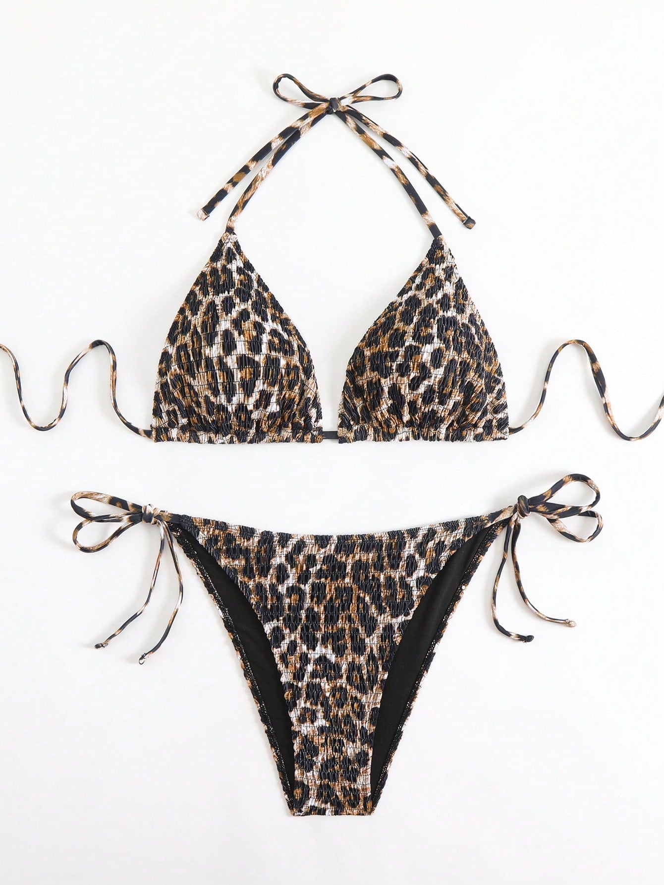 Latest Plus Size Backless Leopard Print Casual Sexy Ruched Bikini Top, Side Tie Thong Swimwear Set, Medium Stretch Vacation Beach Summer