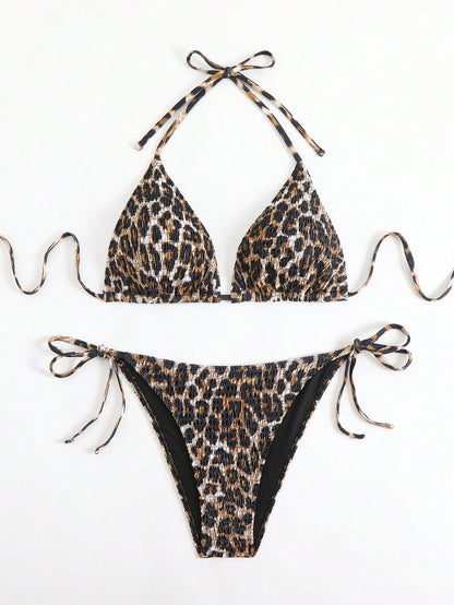 Latest Plus Size Backless Leopard Print Casual Sexy Ruched Bikini Top, Side Tie Thong Swimwear Set, Medium Stretch Vacation Beach Summer