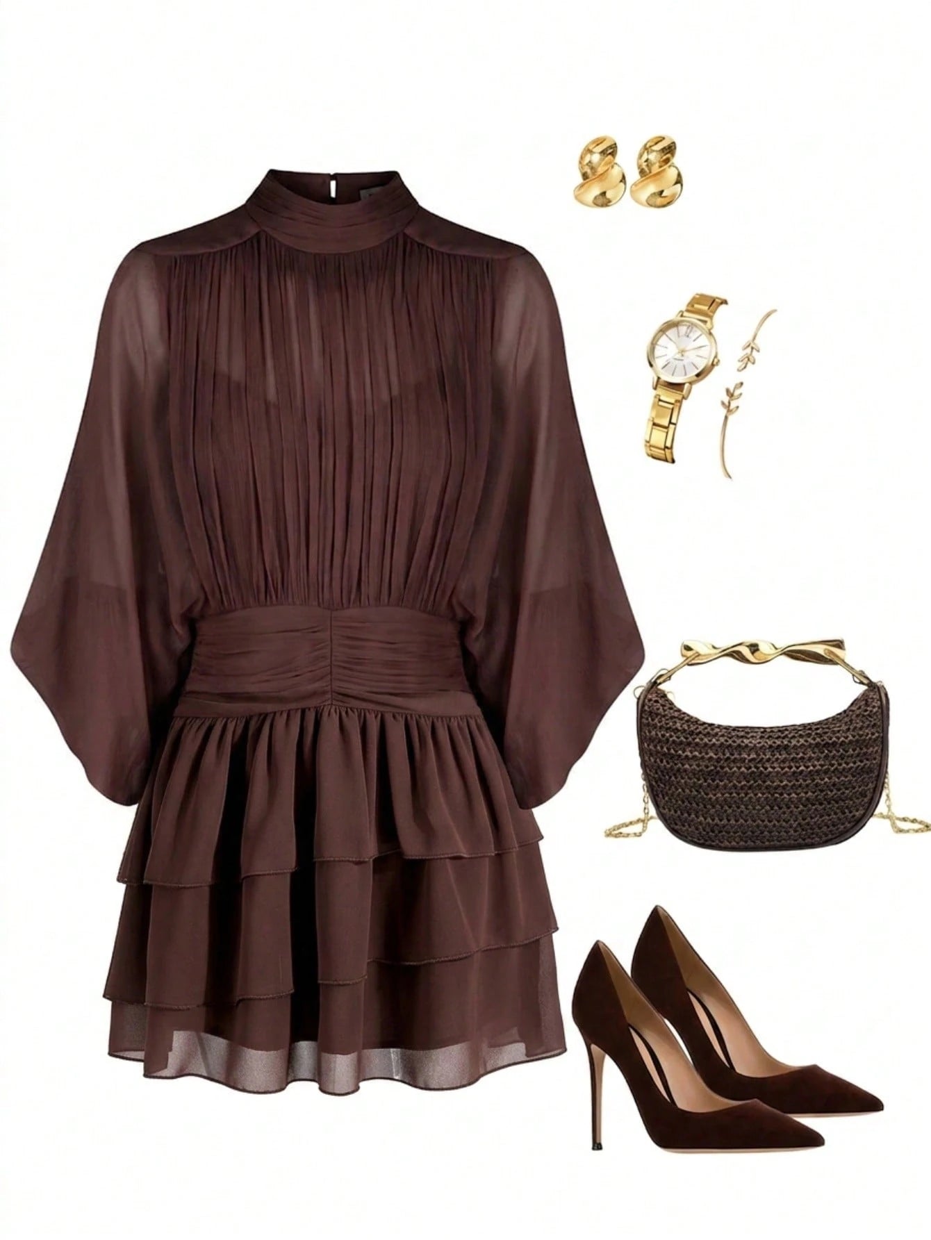 Lavishia Batwing Sleeve Ruffle Hem Romantic Elegant Dress, Suitable For Dates Dinner Bar Party, Autumn Outfit For Women All Shades Of Brown