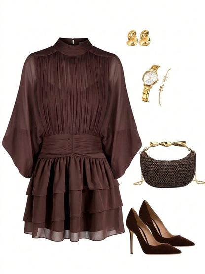 Lavishia Batwing Sleeve Ruffle Hem Romantic Elegant Dress, Suitable For Dates Dinner Bar Party, Autumn Outfit For Women All Shades Of Brown