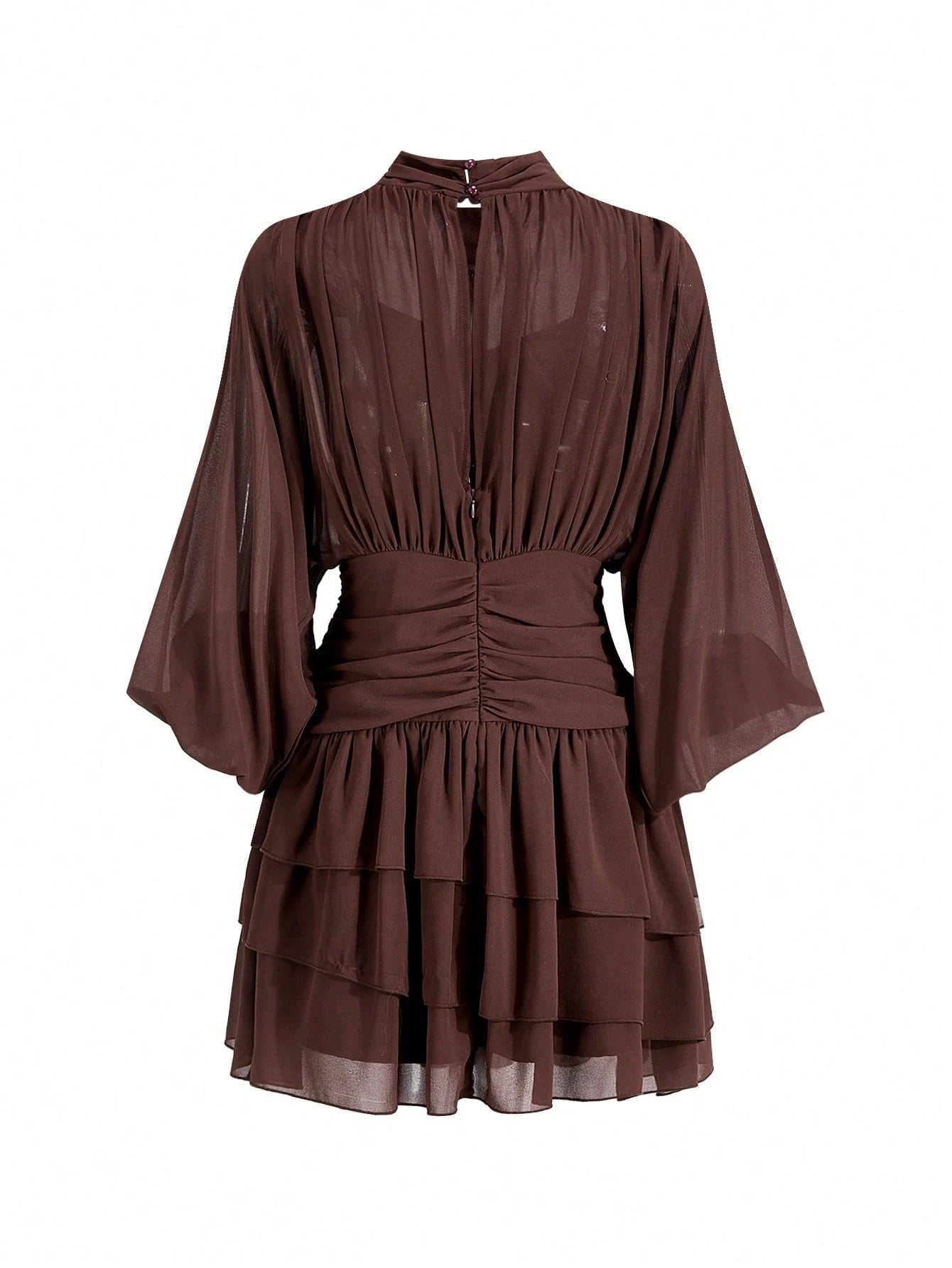 Lavishia Batwing Sleeve Ruffle Hem Romantic Elegant Dress, Suitable For Dates Dinner Bar Party, Autumn Outfit For Women All Shades Of Brown