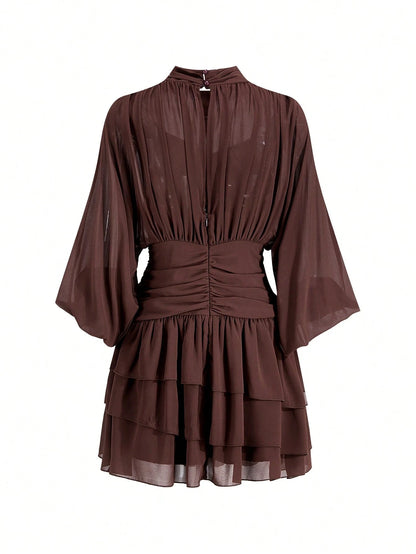 Lavishia Batwing Sleeve Ruffle Hem Romantic Elegant Dress, Suitable For Dates Dinner Bar Party, Autumn Outfit For Women All Shades Of Brown