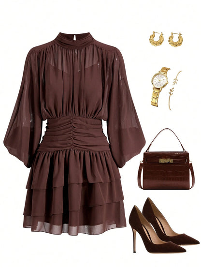 Lavishia Batwing Sleeve Ruffle Hem Romantic Elegant Dress, Suitable For Dates Dinner Bar Party, Autumn Outfit For Women All Shades Of Brown