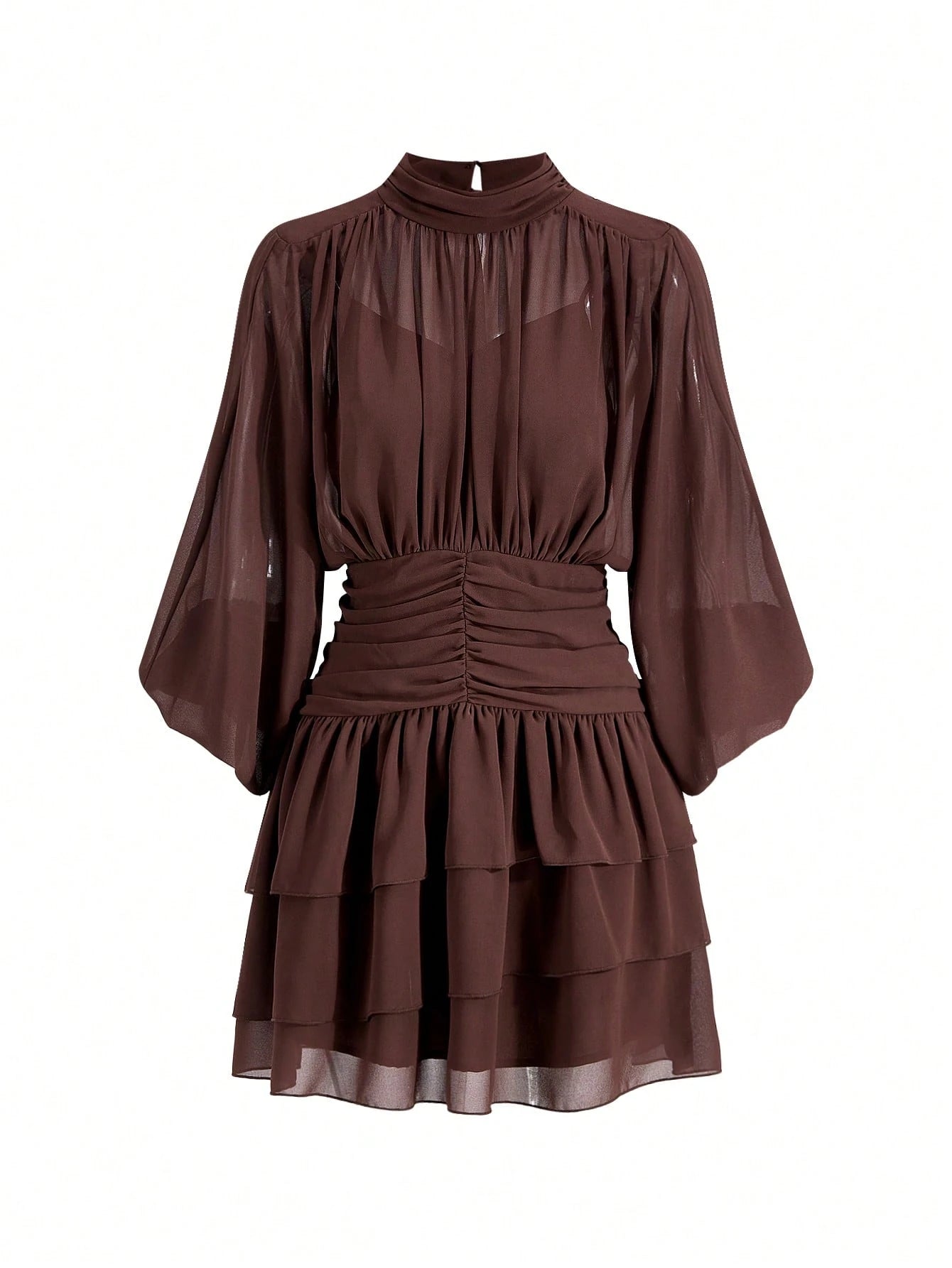 Lavishia Batwing Sleeve Ruffle Hem Romantic Elegant Dress, Suitable For Dates Dinner Bar Party, Autumn Outfit For Women All Shades Of Brown
