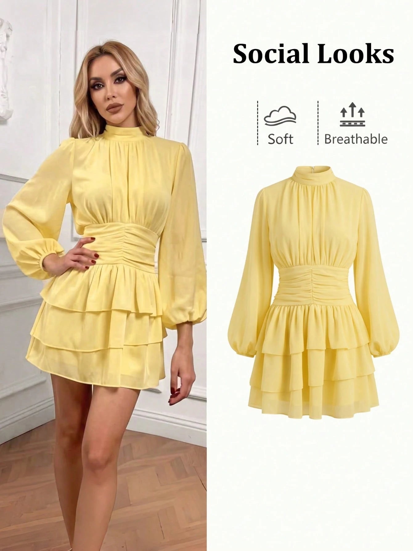 Lavishia Batwing Sleeve Ruffle Hem Romantic Elegant Dress, Suitable For Dates Dinner Bar Party, Autumn Outfit For Women All Shades Of Brown