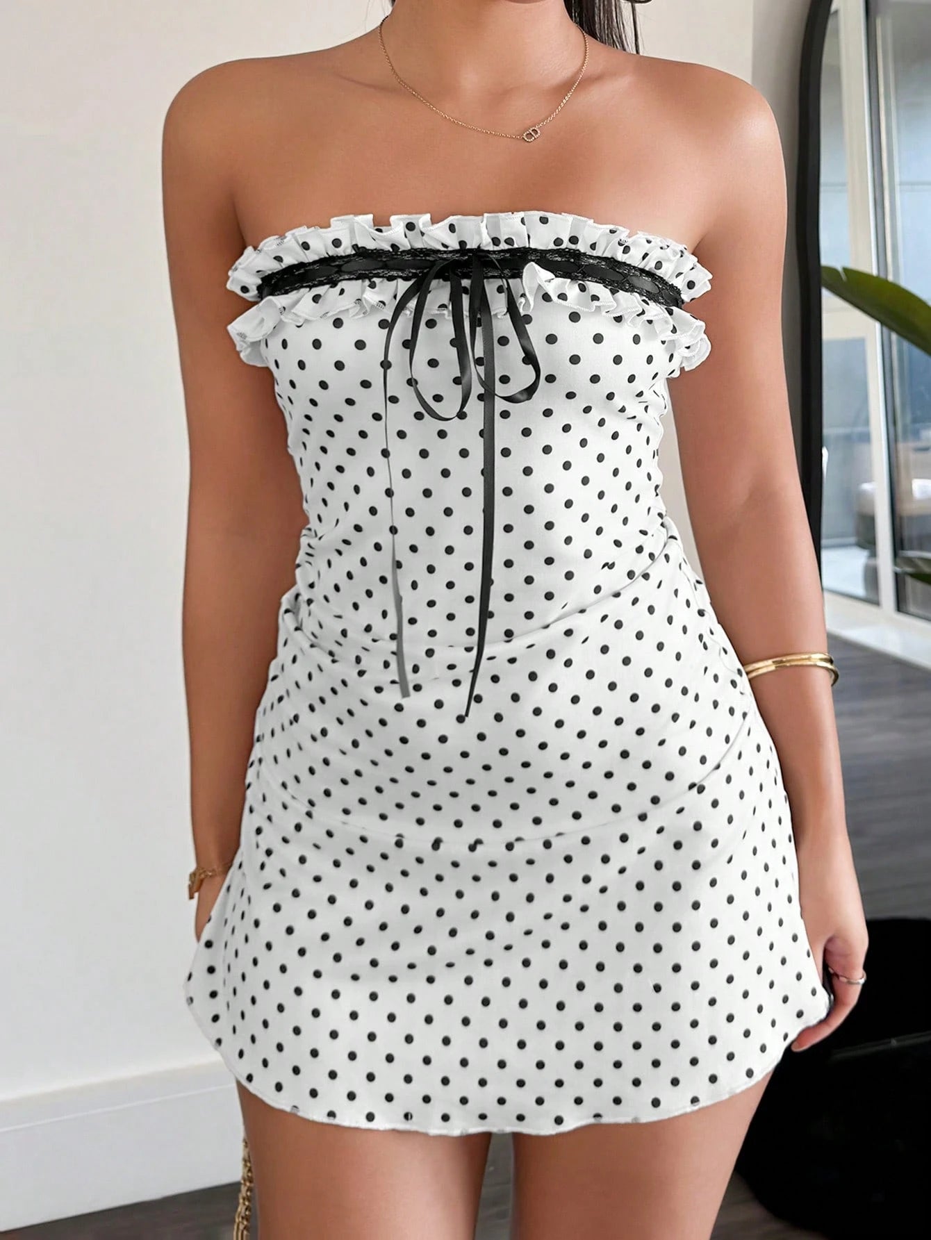 leahseptember Women's Contrast Color Polka Dot Print Strapless Mini Dress Elegant Summer