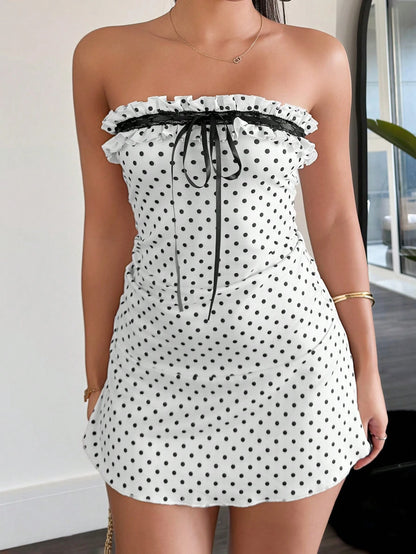 leahseptember Women's Contrast Color Polka Dot Print Strapless Mini Dress Elegant Summer