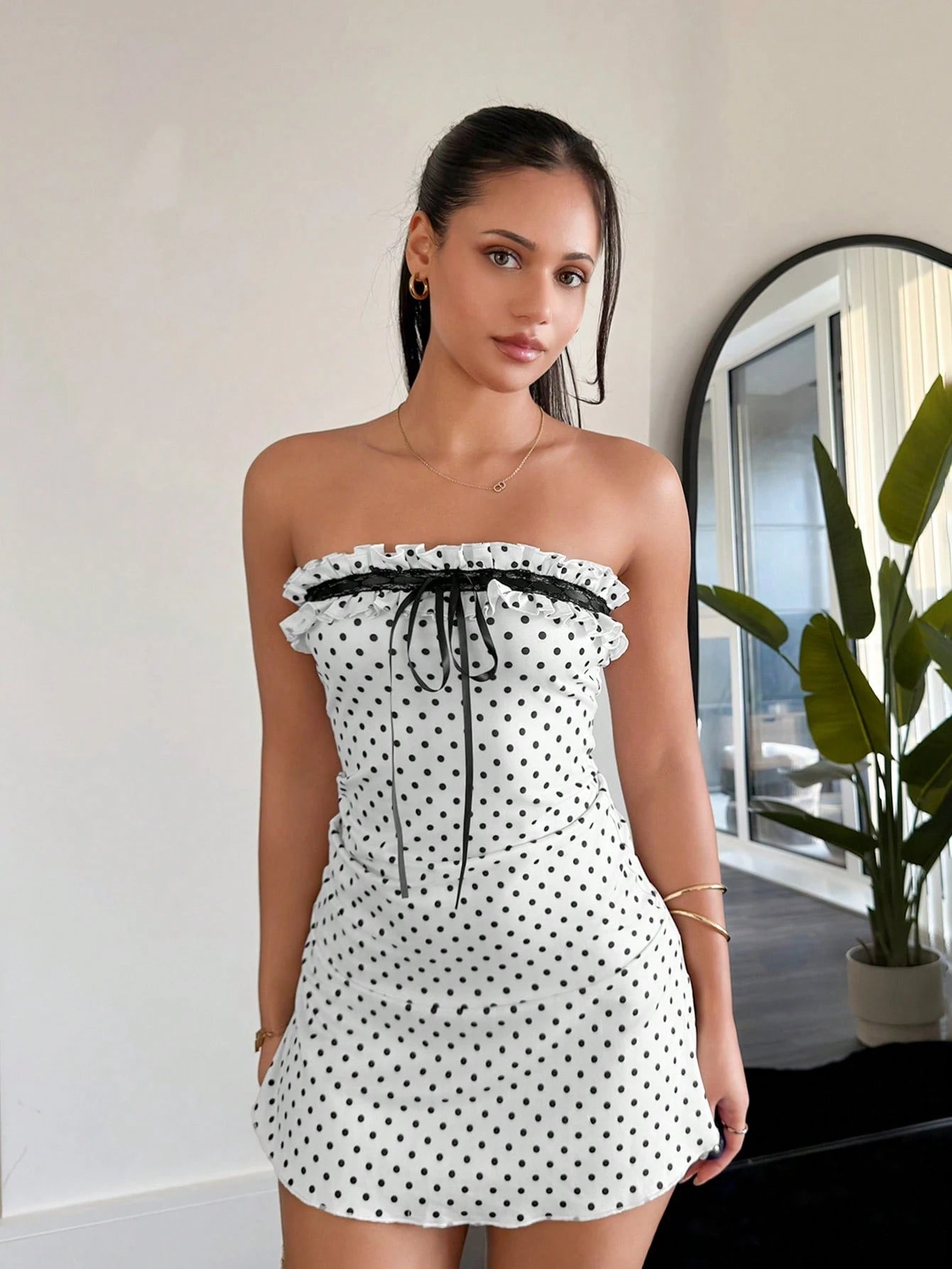 leahseptember Women's Contrast Color Polka Dot Print Strapless Mini Dress Elegant Summer