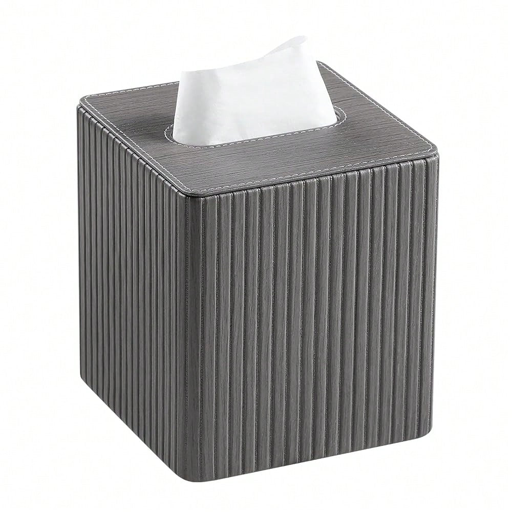Leather Square Tissue Box Cover With Bottom, Slate Grey| Fits All Standard Cube Tissue Boxes, Modern Fluted Decorative Tissue Box Hold