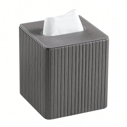 Leather Square Tissue Box Cover With Bottom, Slate Grey| Fits All Standard Cube Tissue Boxes, Modern Fluted Decorative Tissue Box Hold
