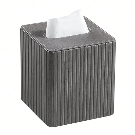 Leather Square Tissue Box Cover With Bottom, Slate Grey| Fits All Standard Cube Tissue Boxes, Modern Fluted Decorative Tissue Box Hold