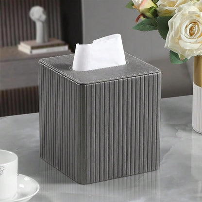 Leather Square Tissue Box Cover With Bottom, Slate Grey| Fits All Standard Cube Tissue Boxes, Modern Fluted Decorative Tissue Box Hold