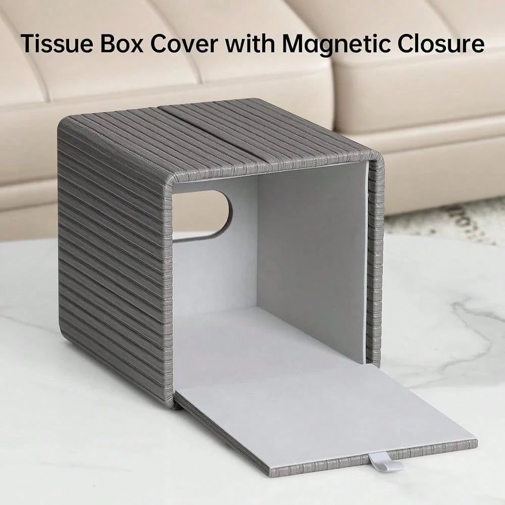 Leather Square Tissue Box Cover With Bottom, Slate Grey| Fits All Standard Cube Tissue Boxes, Modern Fluted Decorative Tissue Box Hold