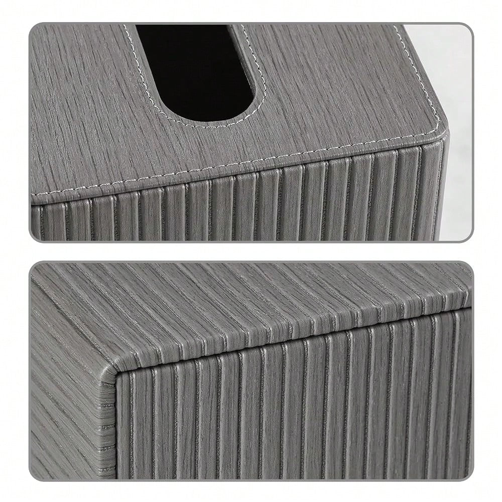 Leather Square Tissue Box Cover With Bottom, Slate Grey| Fits All Standard Cube Tissue Boxes, Modern Fluted Decorative Tissue Box Hold