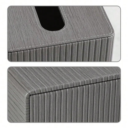 Leather Square Tissue Box Cover With Bottom, Slate Grey| Fits All Standard Cube Tissue Boxes, Modern Fluted Decorative Tissue Box Hold