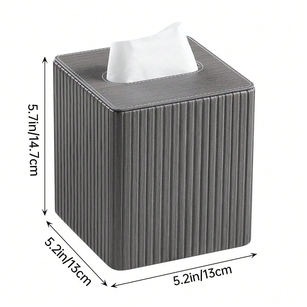 Leather Square Tissue Box Cover With Bottom, Slate Grey| Fits All Standard Cube Tissue Boxes, Modern Fluted Decorative Tissue Box Hold