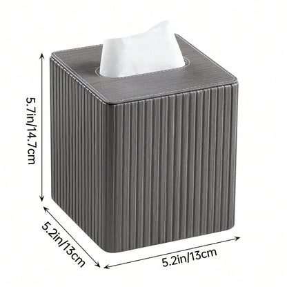 Leather Square Tissue Box Cover With Bottom, Slate Grey| Fits All Standard Cube Tissue Boxes, Modern Fluted Decorative Tissue Box Hold