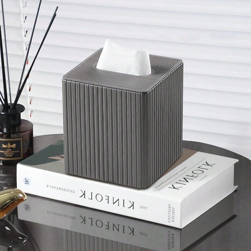 Leather Square Tissue Box Cover With Bottom, Slate Grey| Fits All Standard Cube Tissue Boxes, Modern Fluted Decorative Tissue Box Hold