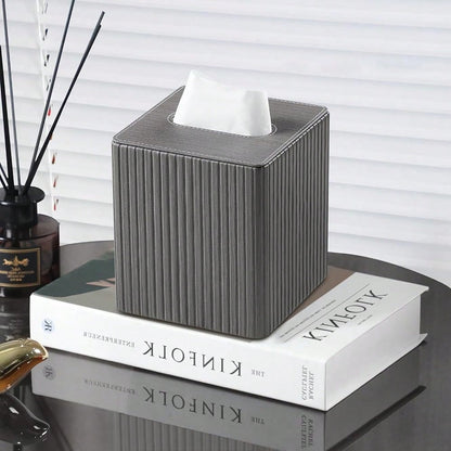 Leather Square Tissue Box Cover With Bottom, Slate Grey| Fits All Standard Cube Tissue Boxes, Modern Fluted Decorative Tissue Box Hold