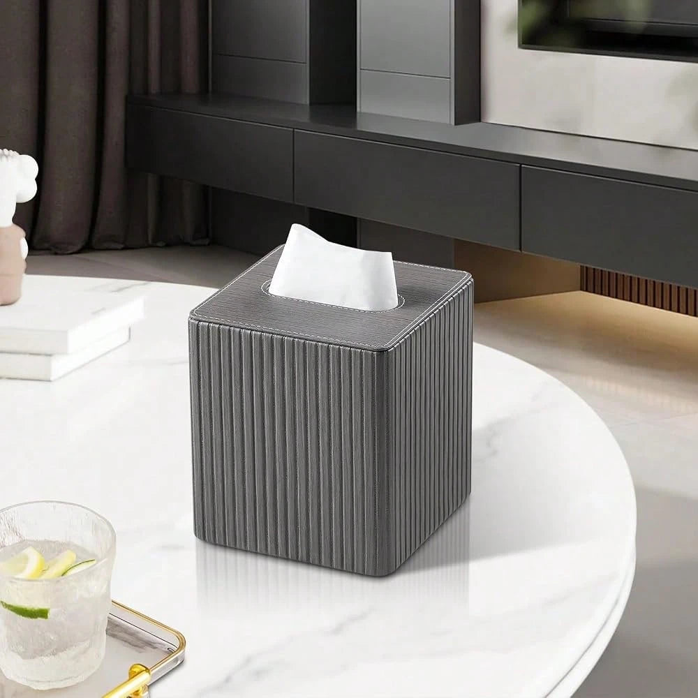 Leather Square Tissue Box Cover With Bottom, Slate Grey| Fits All Standard Cube Tissue Boxes, Modern Fluted Decorative Tissue Box Hold