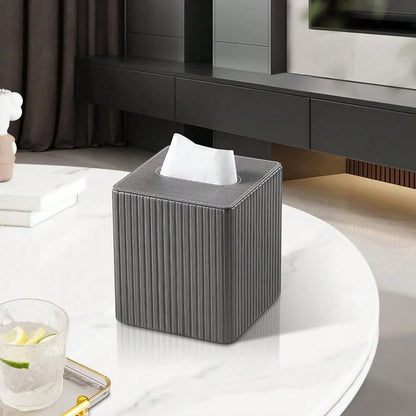 Leather Square Tissue Box Cover With Bottom, Slate Grey| Fits All Standard Cube Tissue Boxes, Modern Fluted Decorative Tissue Box Hold