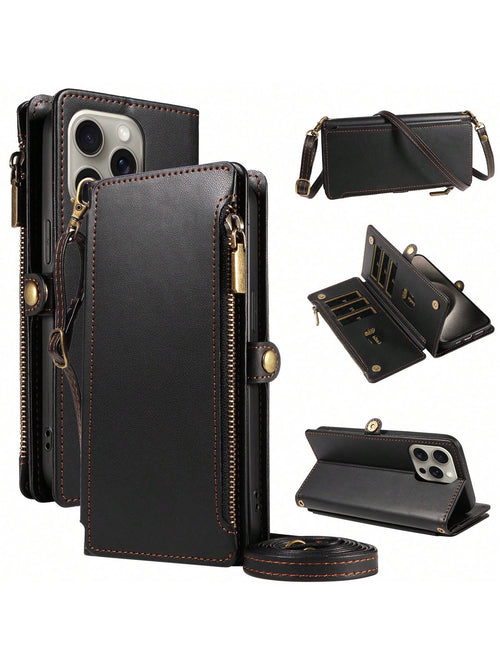 Leather Wallet Card Holder 1pc Multifunctional Crossbody Strap Flip Phone Case With Card Slots Compatible With Apple 17 Pro Max & Series Fashion Protective Cover For Shopping Travel Birthday Gift Prof