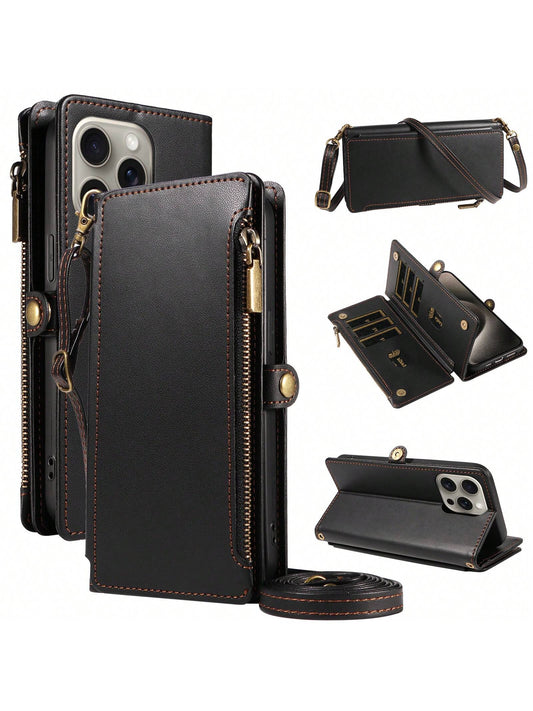 Leather Wallet Card Holder 1pc Multifunctional Crossbody Strap Flip Phone Case With Card Slots Compatible With Apple 17 Pro Max & Series Fashion Protective Cover For Shopping Travel Birthday Gift Prof