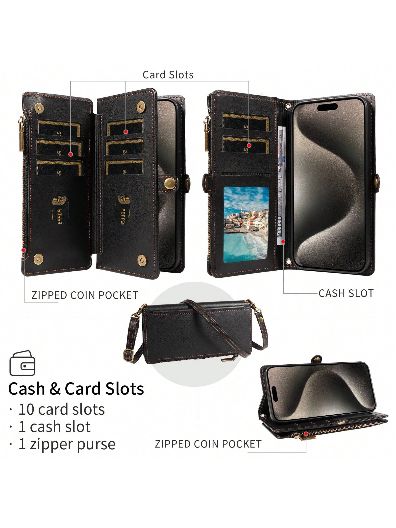 Leather Wallet Card Holder 1pc Multifunctional Crossbody Strap Flip Phone Case With Card Slots Compatible With Apple 17 Pro Max & Series Fashion Protective Cover For Shopping Travel Birthday Gift Prof