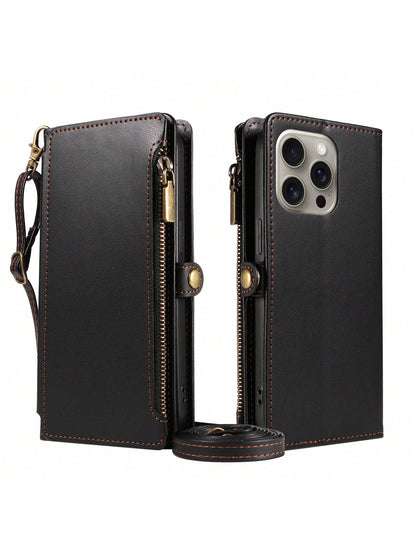Leather Wallet Card Holder 1pc Multifunctional Crossbody Strap Flip Phone Case With Card Slots Compatible With Apple 17 Pro Max & Series Fashion Protective Cover For Shopping Travel Birthday Gift Prof