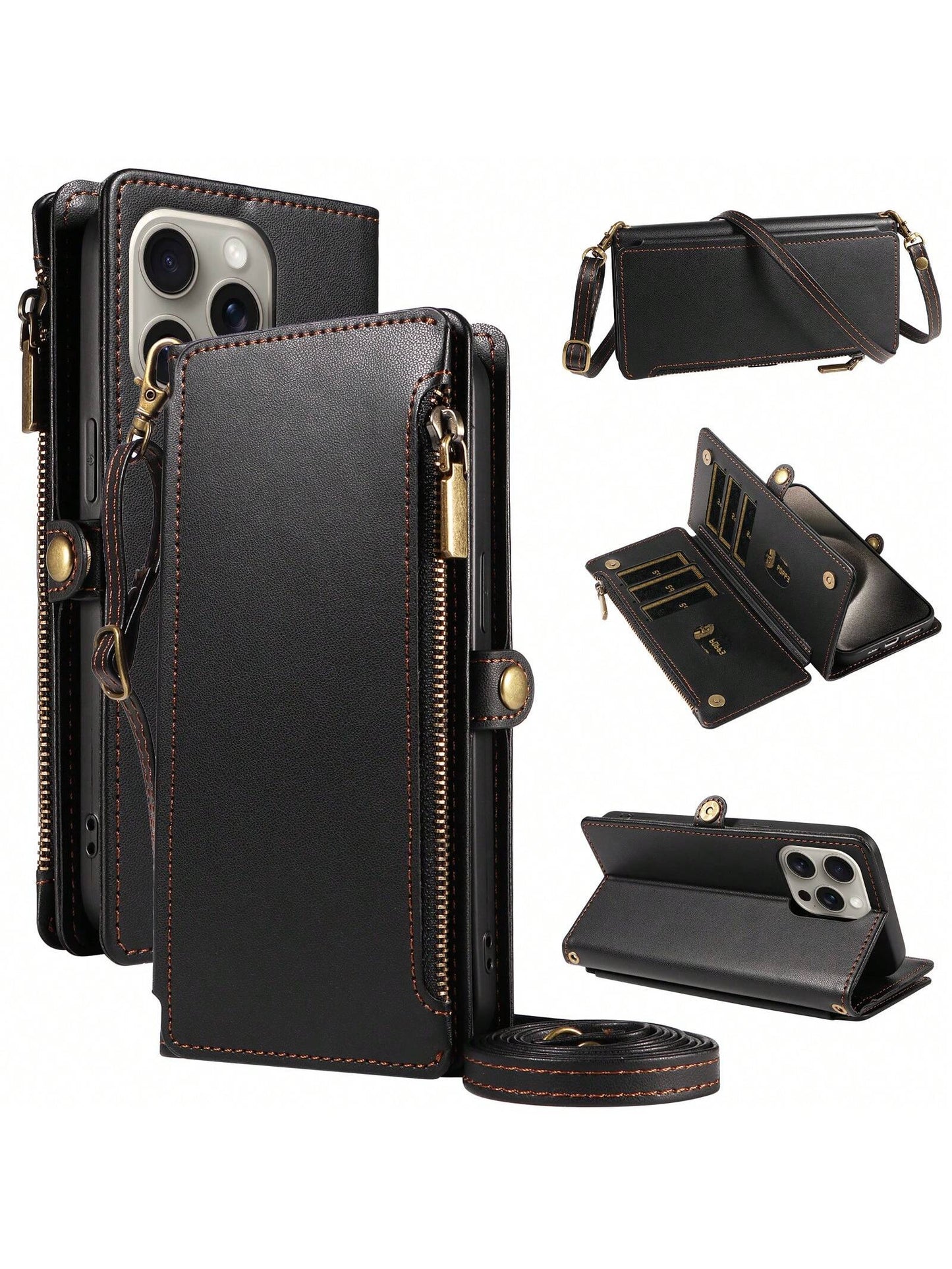 Leather Wallet Card Holder 1pc Multifunctional Crossbody Strap Flip Phone Case With Card Slots Compatible With Apple 17 Pro Max & Series Fashion Protective Cover For Shopping Travel Birthday Gift Prof