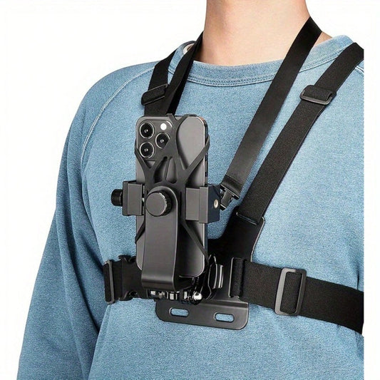 LEATVOOK Adjustable Chest Mount Phone Holder Harness- Compatible With IPhone, GoPro, Insta360, Action Cameras- Black Padded Design For Biking, Kayaking, Fishing, Skateboarding POV/VLOG Recording, Ad