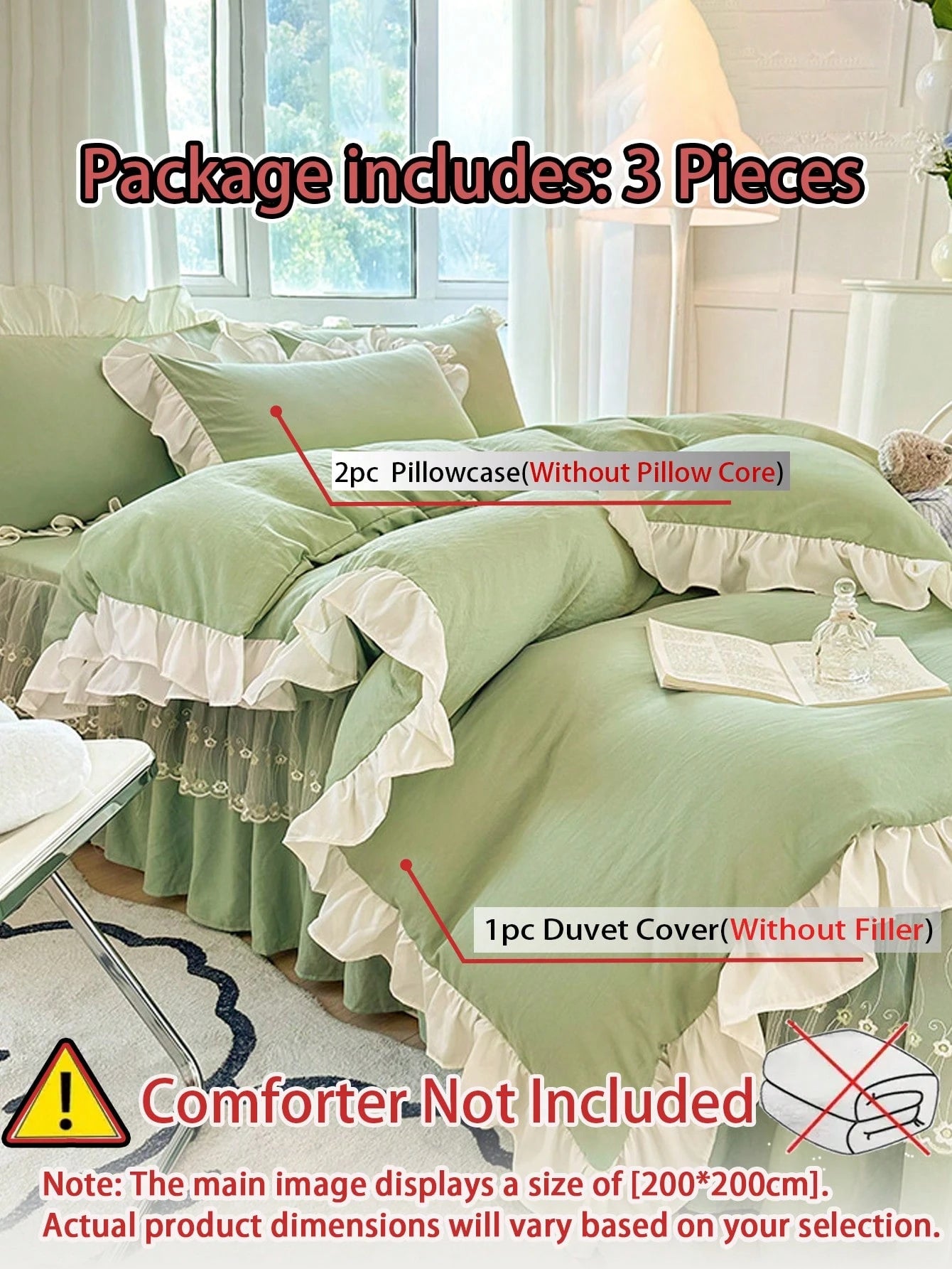 Light Green Girl Style White Ruffle Edge Minimalist Comfortable Soft Skin-Friendly Duvet Cover Set 3pcs (1*Duvet Cover + 2*Pillowcases, No Filling), Suitable For Bedroom Guest Room, Machine Washable