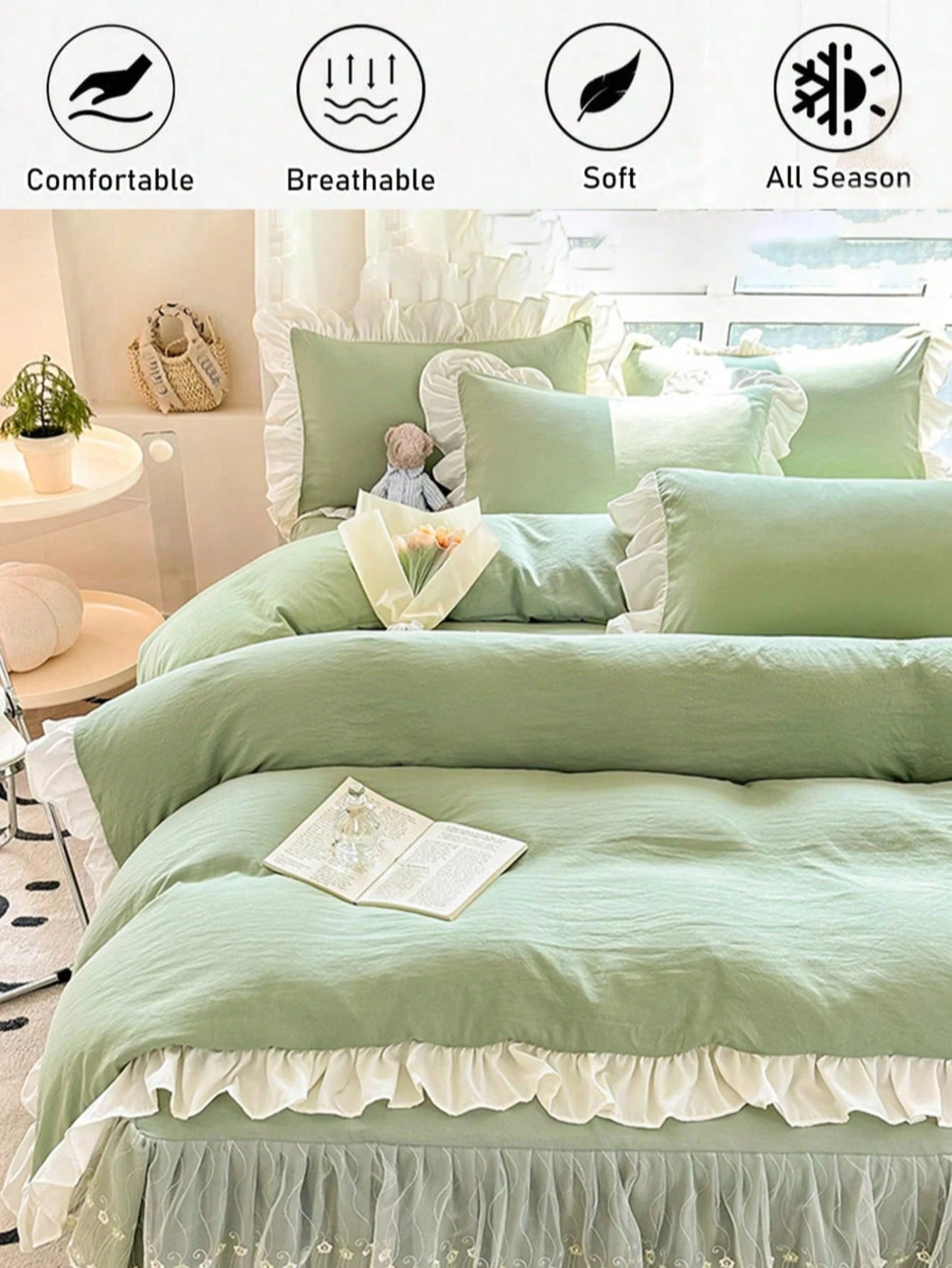 Light Green Girl Style White Ruffle Edge Minimalist Comfortable Soft Skin-Friendly Duvet Cover Set 3pcs (1*Duvet Cover + 2*Pillowcases, No Filling), Suitable For Bedroom Guest Room, Machine Washable