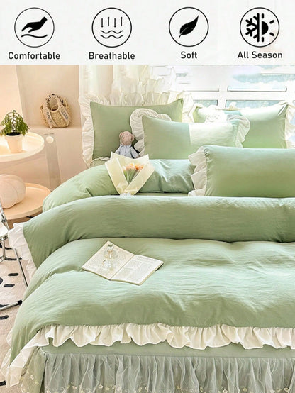 Light Green Girl Style White Ruffle Edge Minimalist Comfortable Soft Skin-Friendly Duvet Cover Set 3pcs (1*Duvet Cover + 2*Pillowcases, No Filling), Suitable For Bedroom Guest Room, Machine Washable